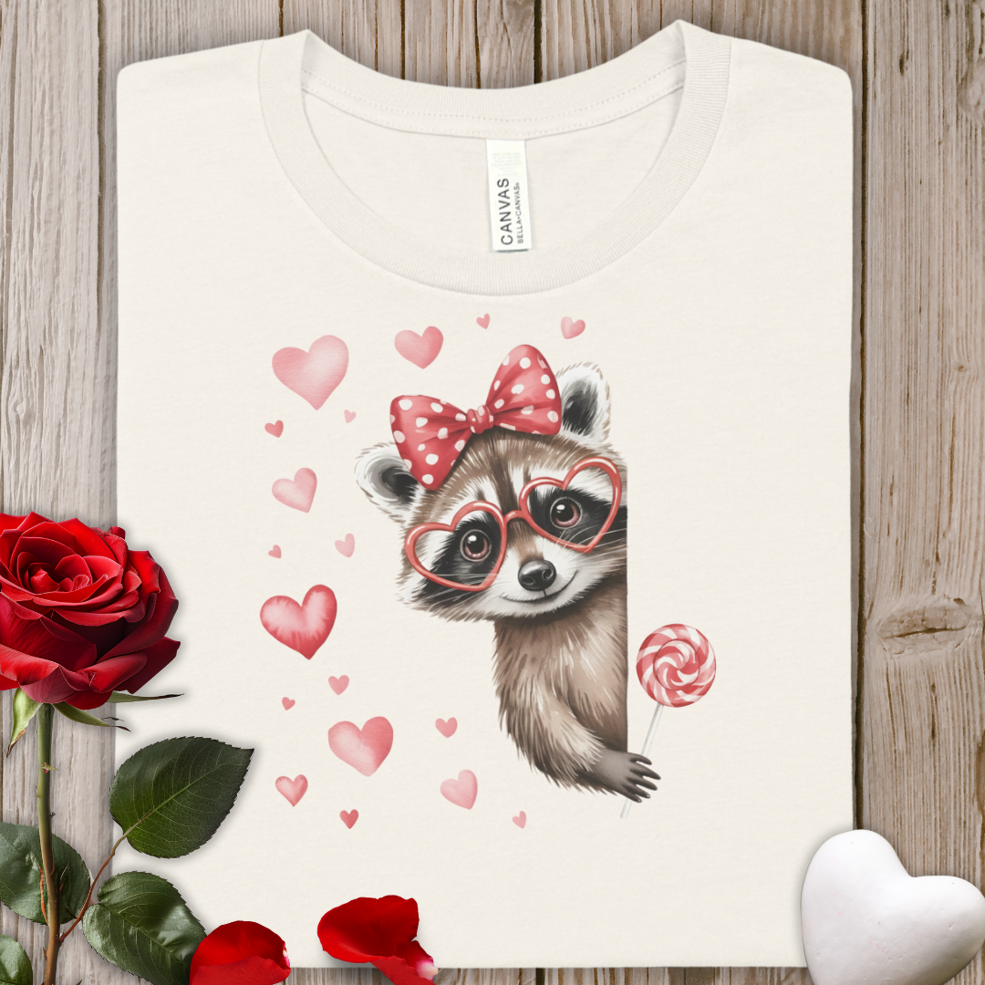 Raccoon Valentine Tee – Cute Hearts & Lollipop Graphic T-Shirt
