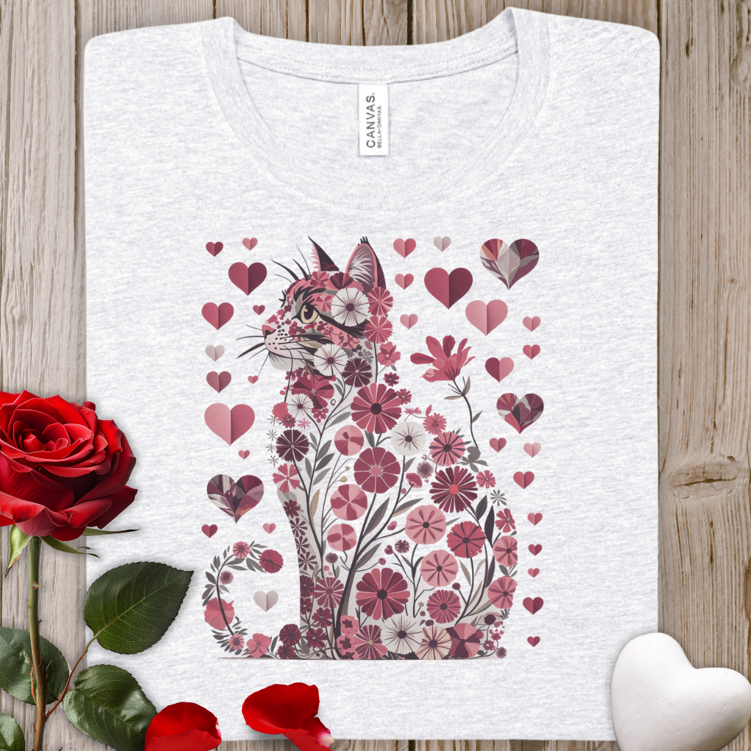 Floral Heart Cat T‑Shirt — Romantic Vintage Valentine's Flower Kitty Tee