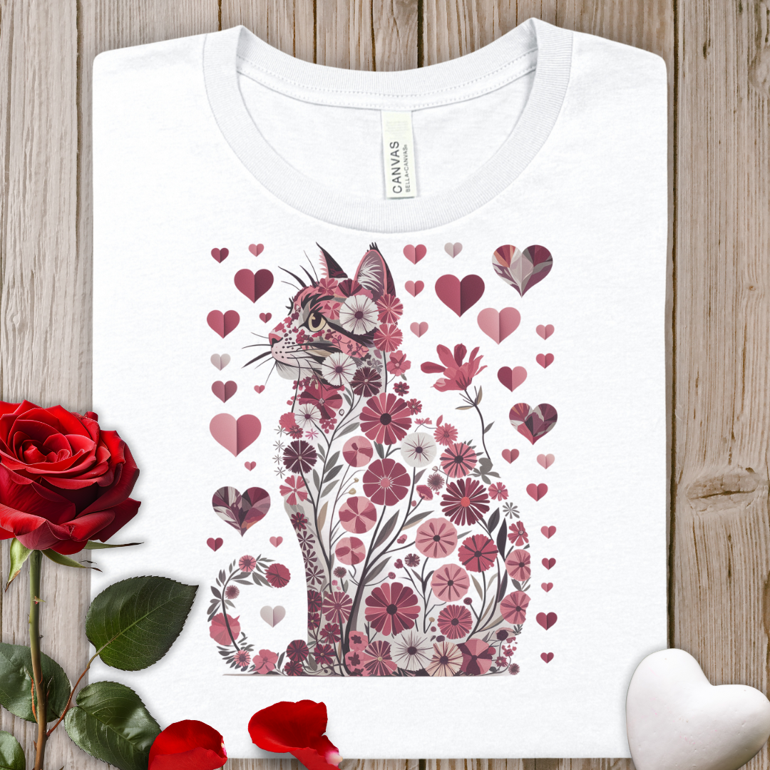 Floral Heart Cat T‑Shirt — Romantic Vintage Valentine's Flower Kitty Tee