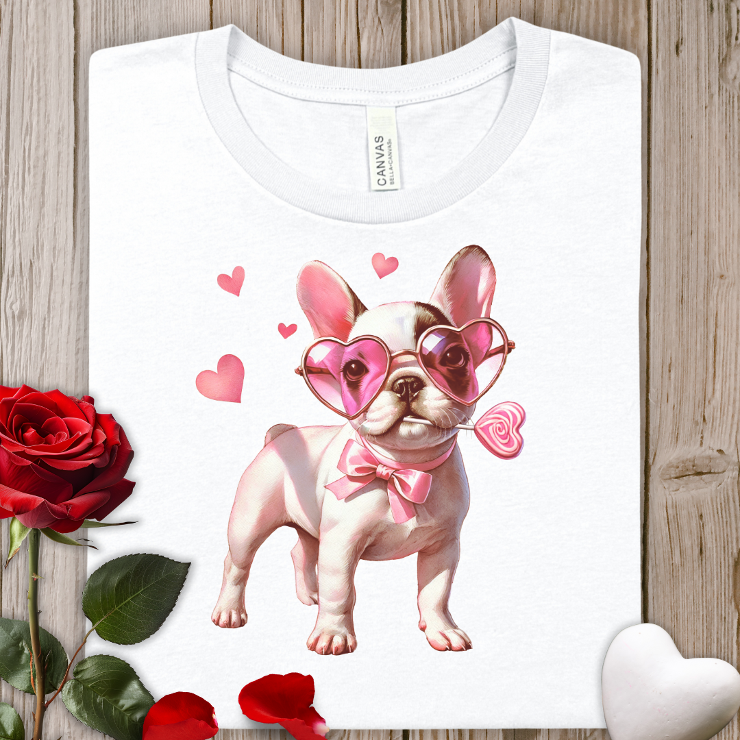 Valentine French Bulldog Tee — Cute Puppy with Heart Sunglasses Shirt