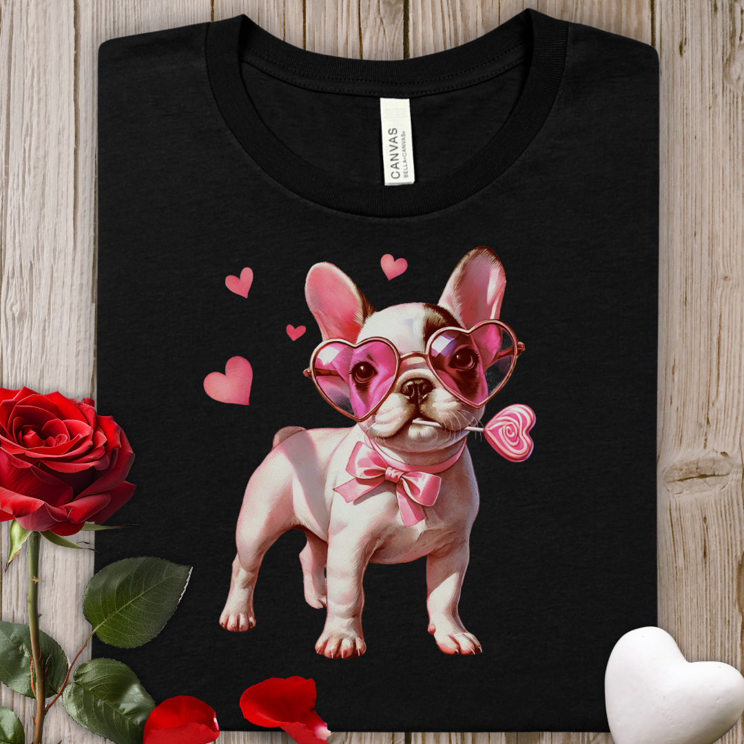Valentine French Bulldog Tee — Cute Puppy with Heart Sunglasses Shirt