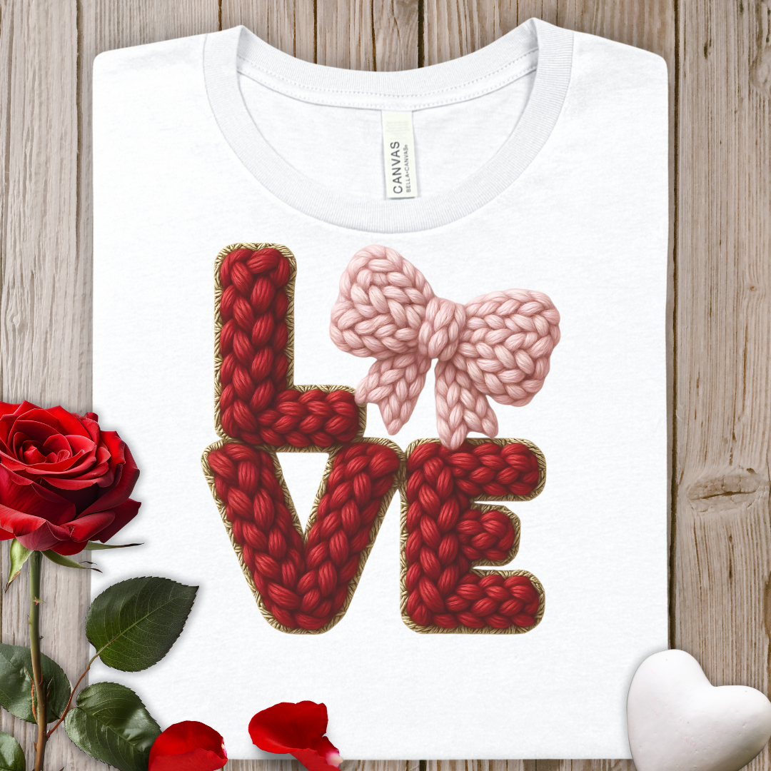 Valentine FAUX Knit "LOVE" Tee — Pink Bow Cozy Heart Graphic T-Shirt