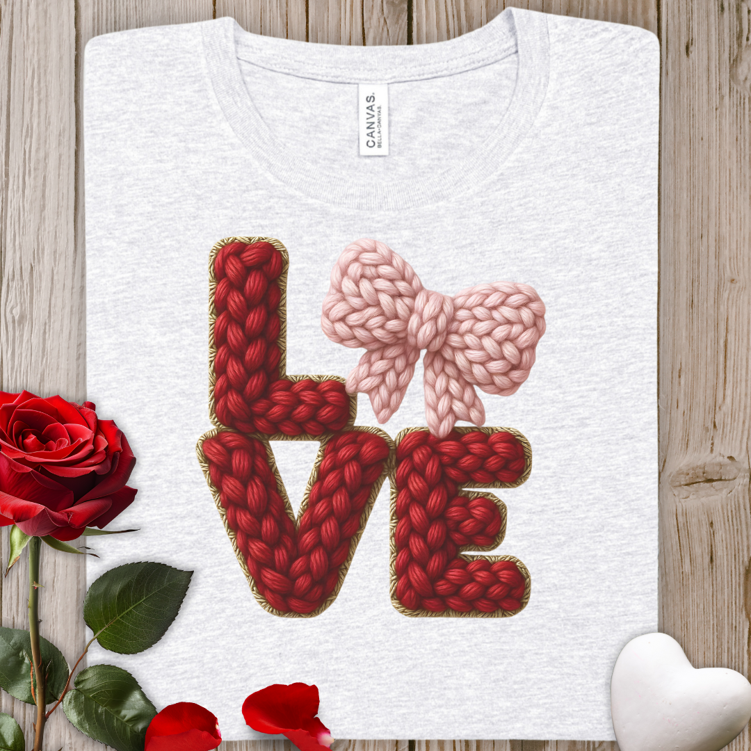 Valentine FAUX Knit "LOVE" Tee — Pink Bow Cozy Heart Graphic T-Shirt