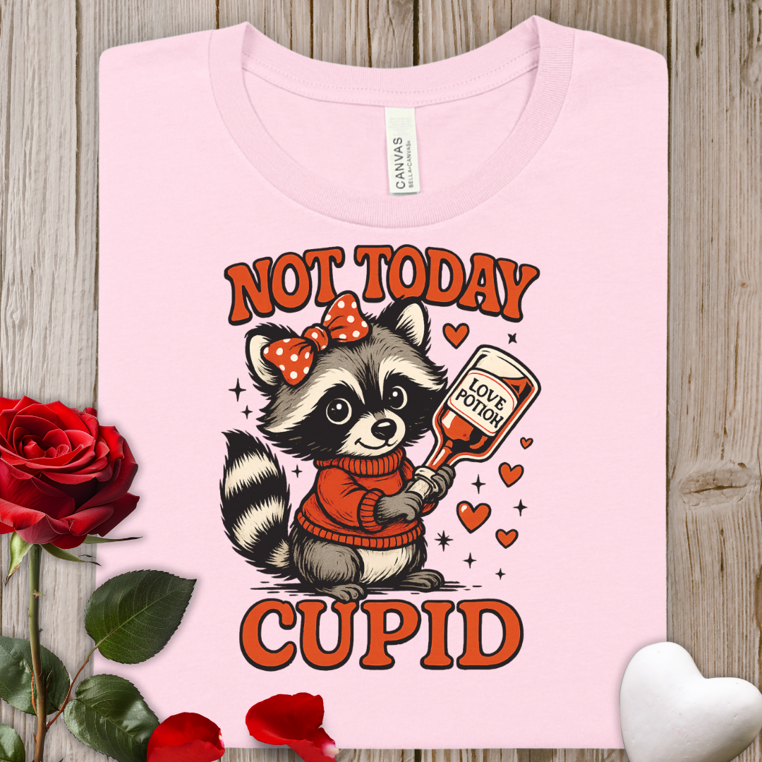 Not Today Cupid Raccoon Tee — Funny Valentine’s Day Graphic T-Shirt