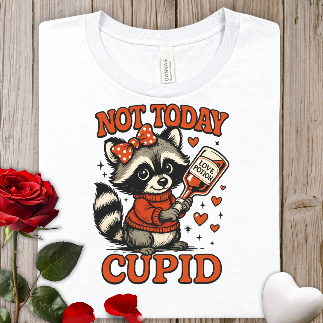 Not Today Cupid Raccoon Tee — Funny Valentine’s Day Graphic T-Shirt