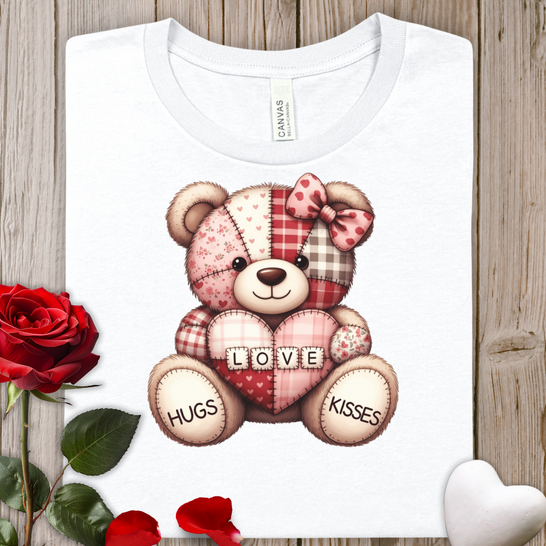 Teddy Bear Hugs & Kisses Tee — Cute Faux Patchwork Valentine Shirt
