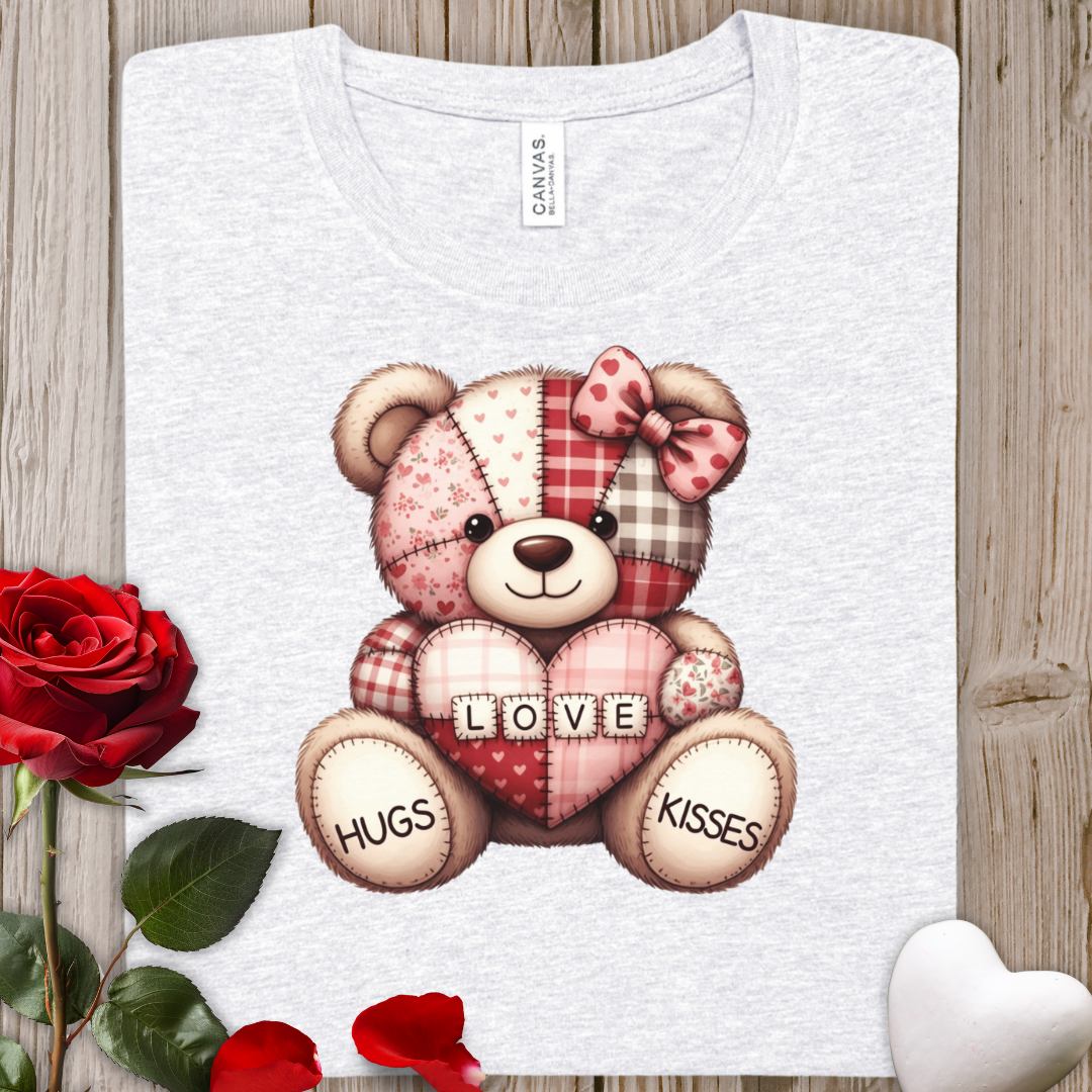 Teddy Bear Hugs & Kisses Tee — Cute Faux Patchwork Valentine Shirt