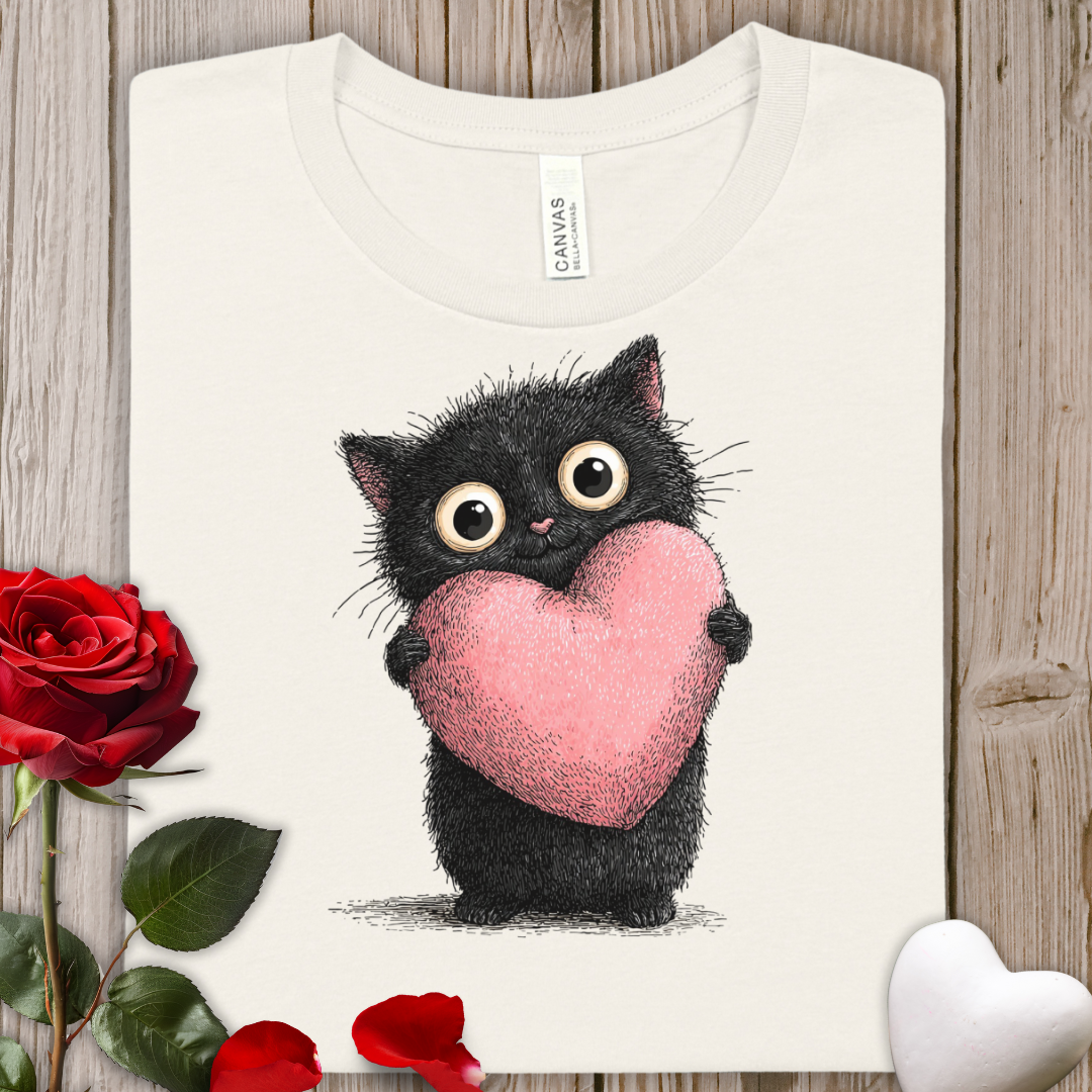 Cute Black Kitten Holding Pink Heart T-Shirt — Valentine’s Day Cat Tee