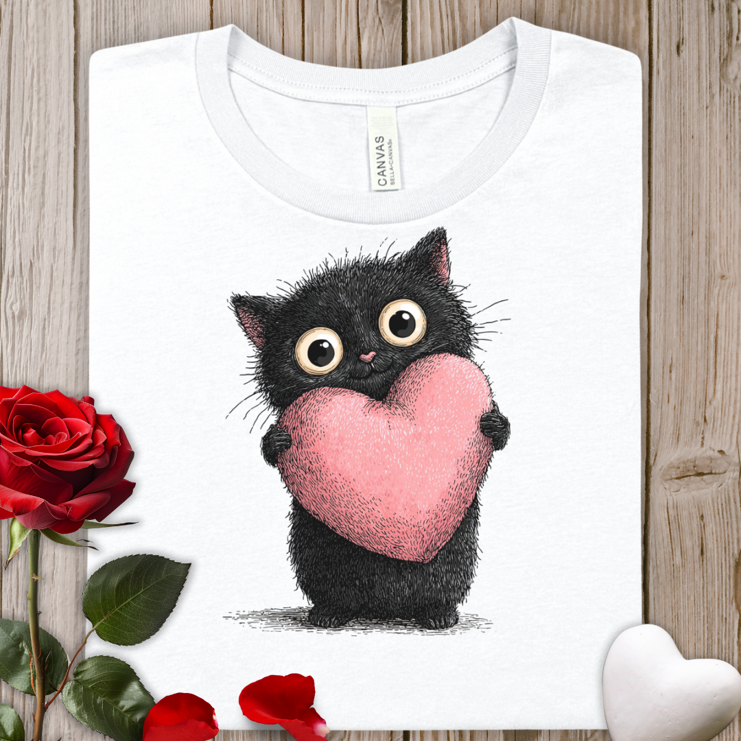 Cute Black Kitten Holding Pink Heart T-Shirt — Valentine’s Day Cat Tee