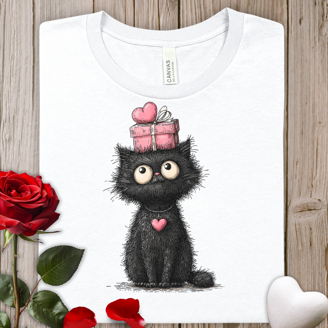 Cute Black Cat Tee with Heart & Gift – Valentine's Day Cat T-Shirt