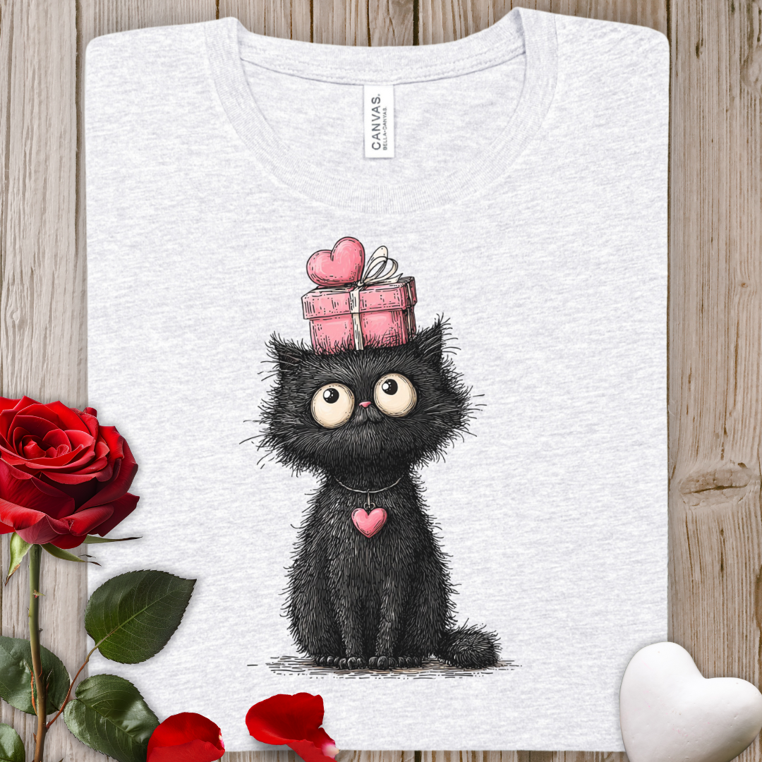 Cute Black Cat Tee with Heart & Gift – Valentine's Day Cat T-Shirt