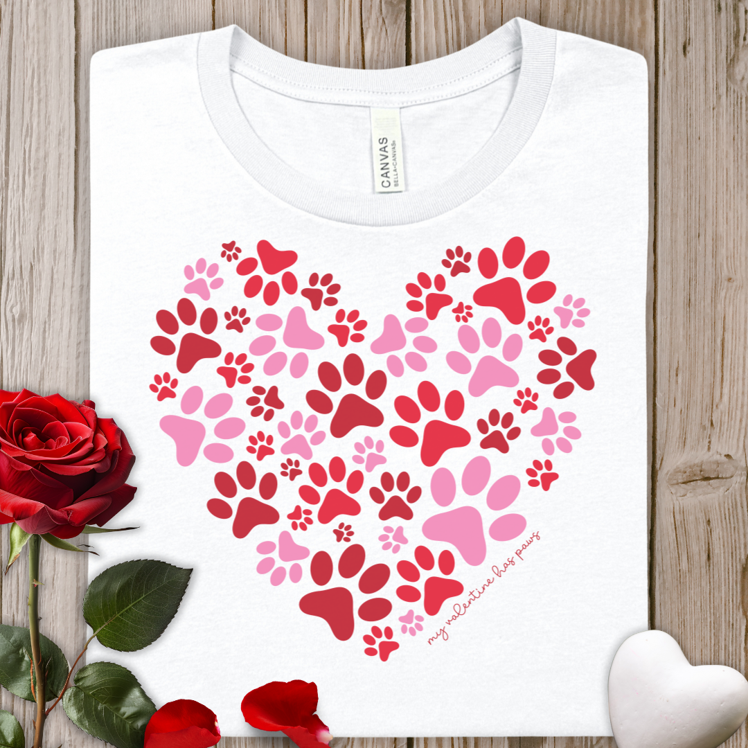 My Valentine Has Paws Pink Heart Paw Print T-Shirt