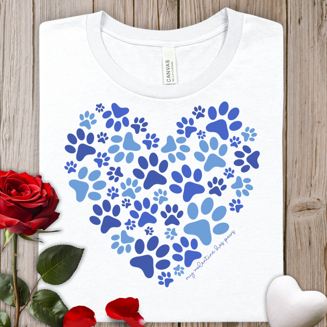 My Valentine Has Paws Blue Heart Paw Print T-Shirt