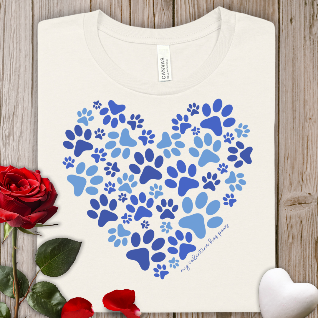 My Valentine Has Paws Blue Heart Paw Print T-Shirt