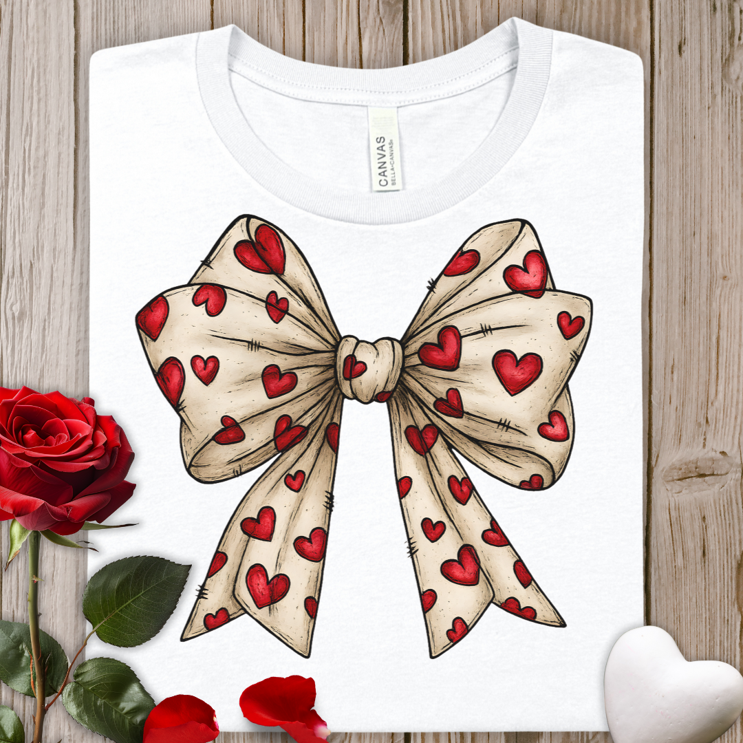 Coquette Heart Ribbon Tee — Romantic Bow Graphic T-Shirt