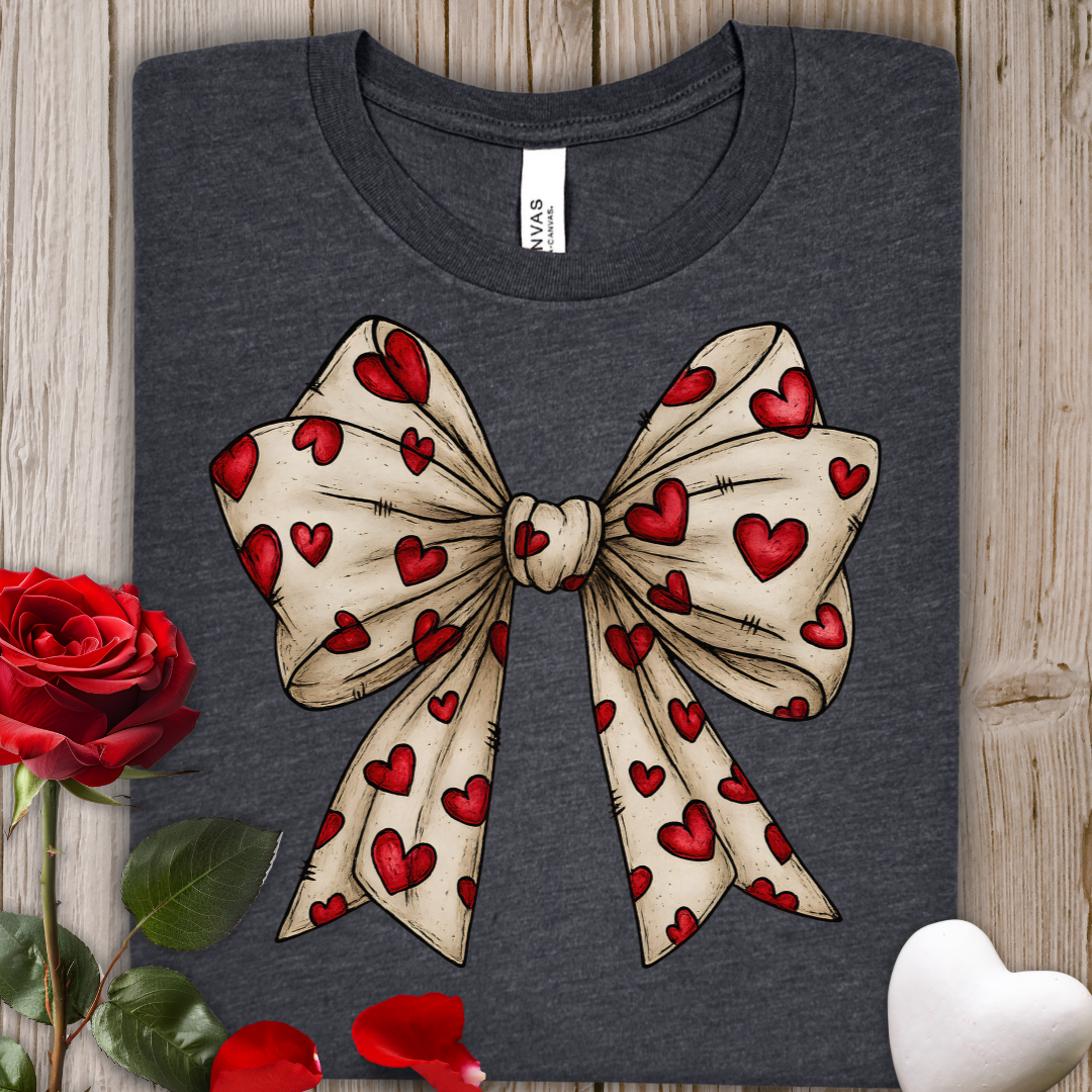 Coquette Heart Ribbon Tee — Romantic Bow Graphic T-Shirt