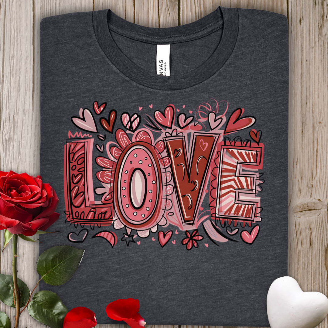 Love Doodle T‑Shirt — Hand‑Drawn Red Hearts Valentine Tee