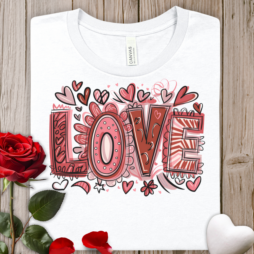 Love Doodle T‑Shirt — Hand‑Drawn Red Hearts Valentine Tee