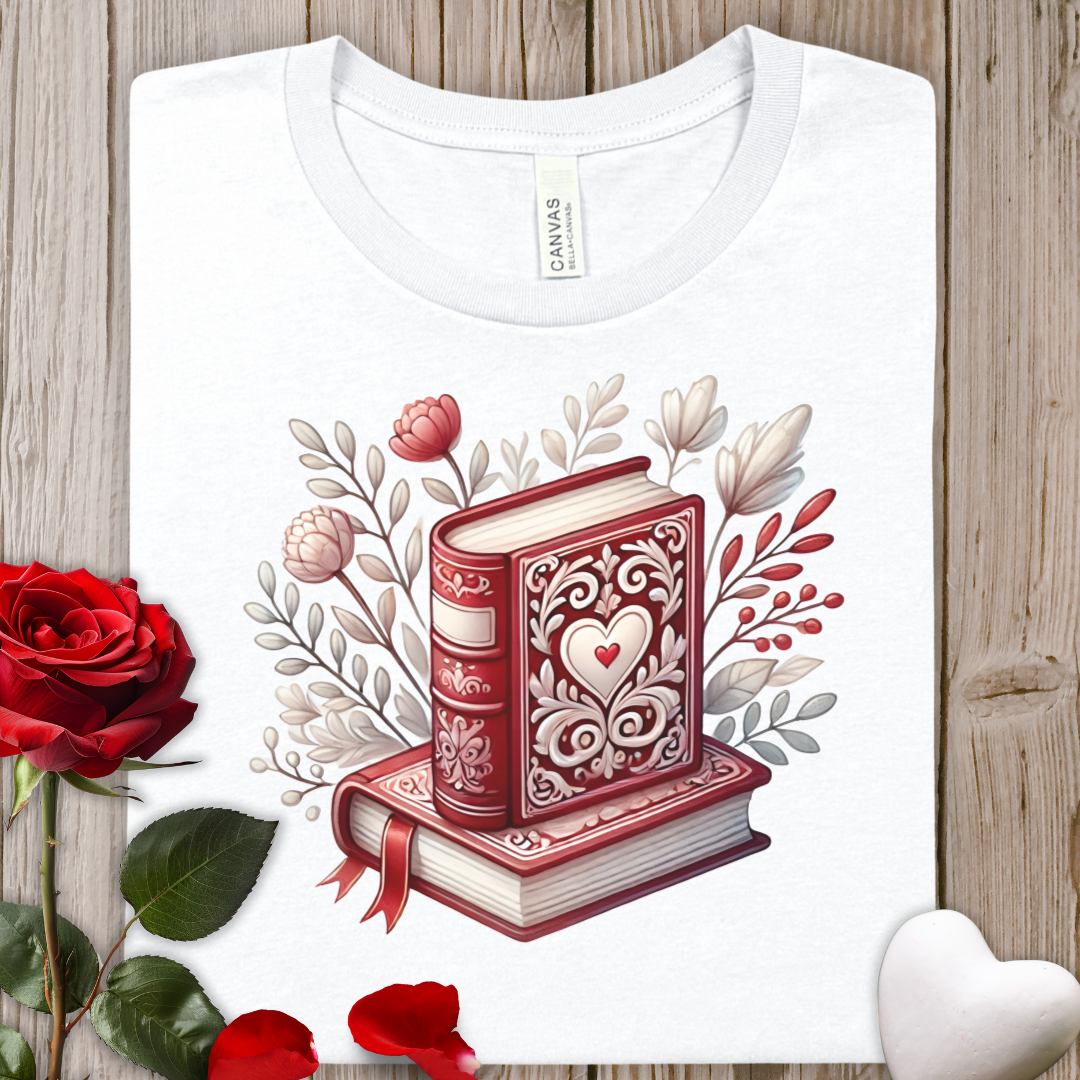 Romantic Vintage Books Tee — Heart-Embellished Book Illustration T-Shirt