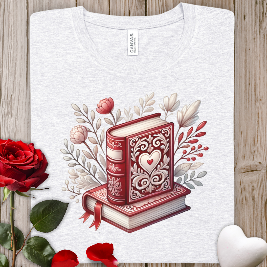 Romantic Vintage Books Tee — Heart-Embellished Book Illustration T-Shirt