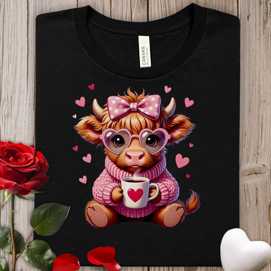Highland Cow with Heart Mug T-Shirt — Cute Valentine Cow Graphic Tee