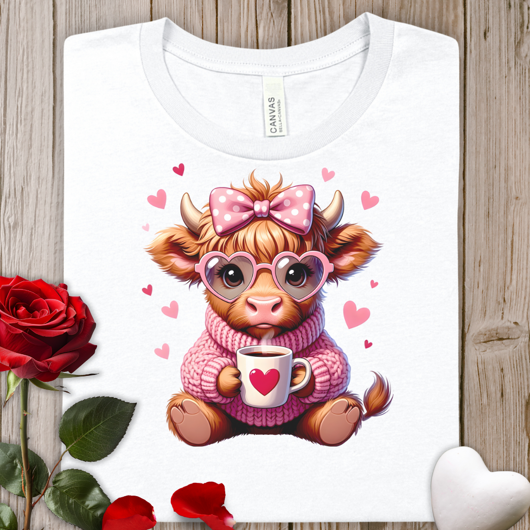 Highland Cow with Heart Mug T-Shirt — Cute Valentine Cow Graphic Tee