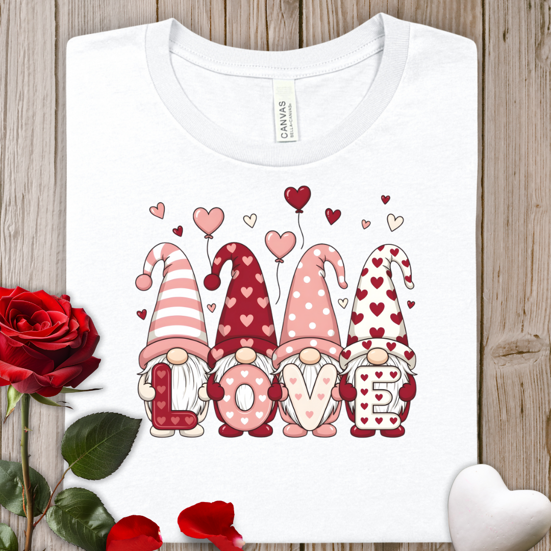 Valentine Gnome "LOVE" T-Shirt – Cute Hearts Romantic Tee for Couples & Gifts