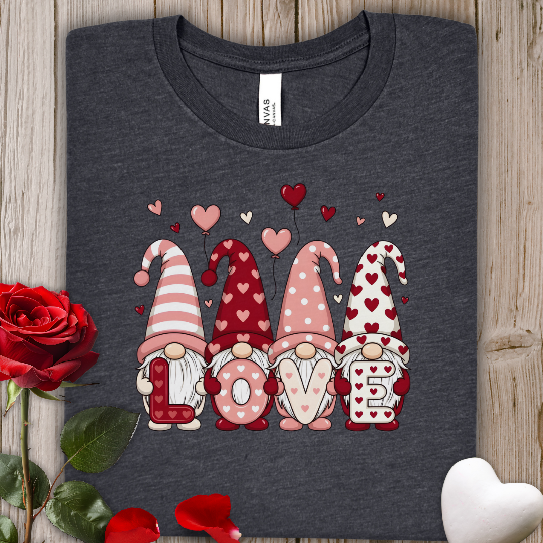 Valentine Gnome "LOVE" T-Shirt – Cute Hearts Romantic Tee for Couples & Gifts