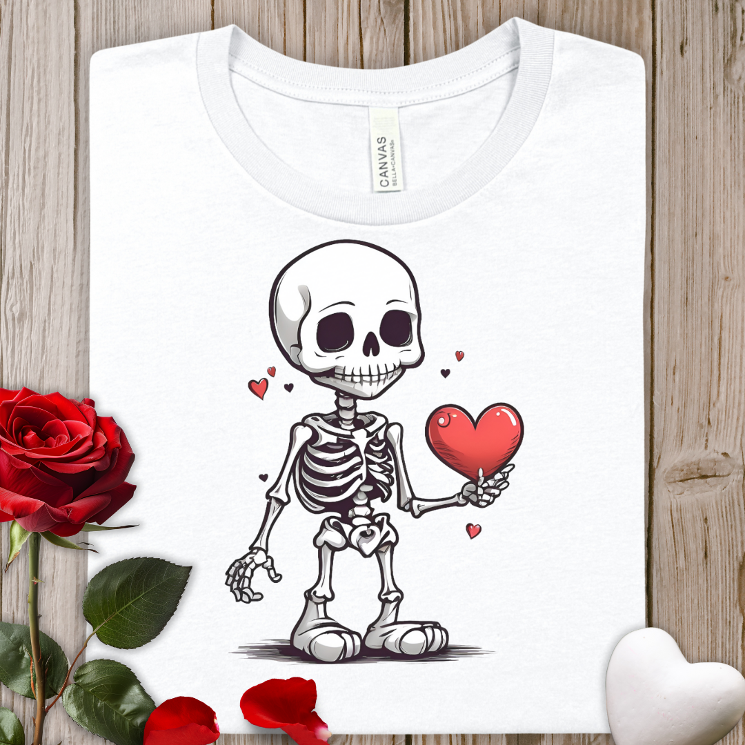 Skeleton Holding Heart Tee — Cute Gothic Valentine T-Shirt