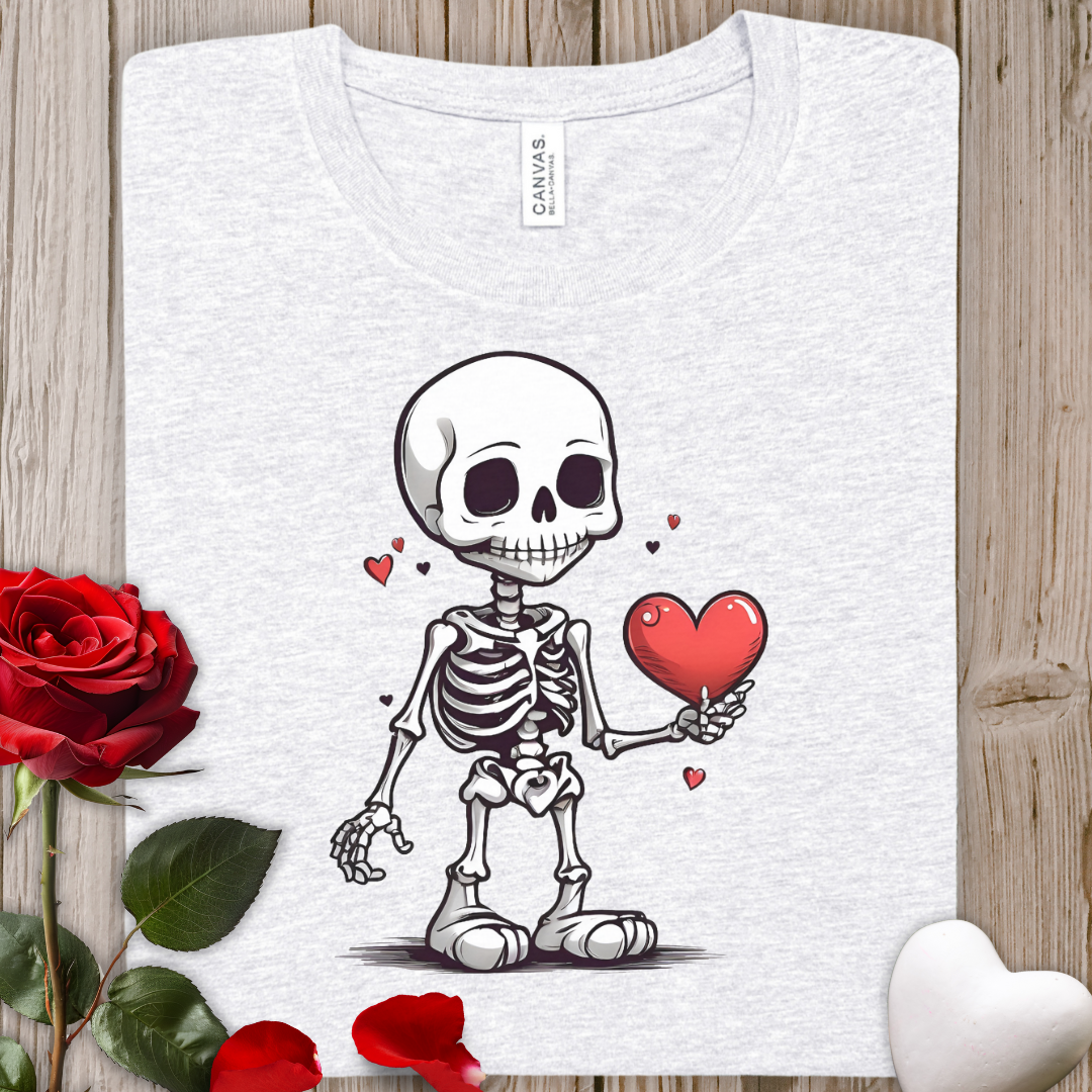 Skeleton Holding Heart Tee — Cute Gothic Valentine T-Shirt