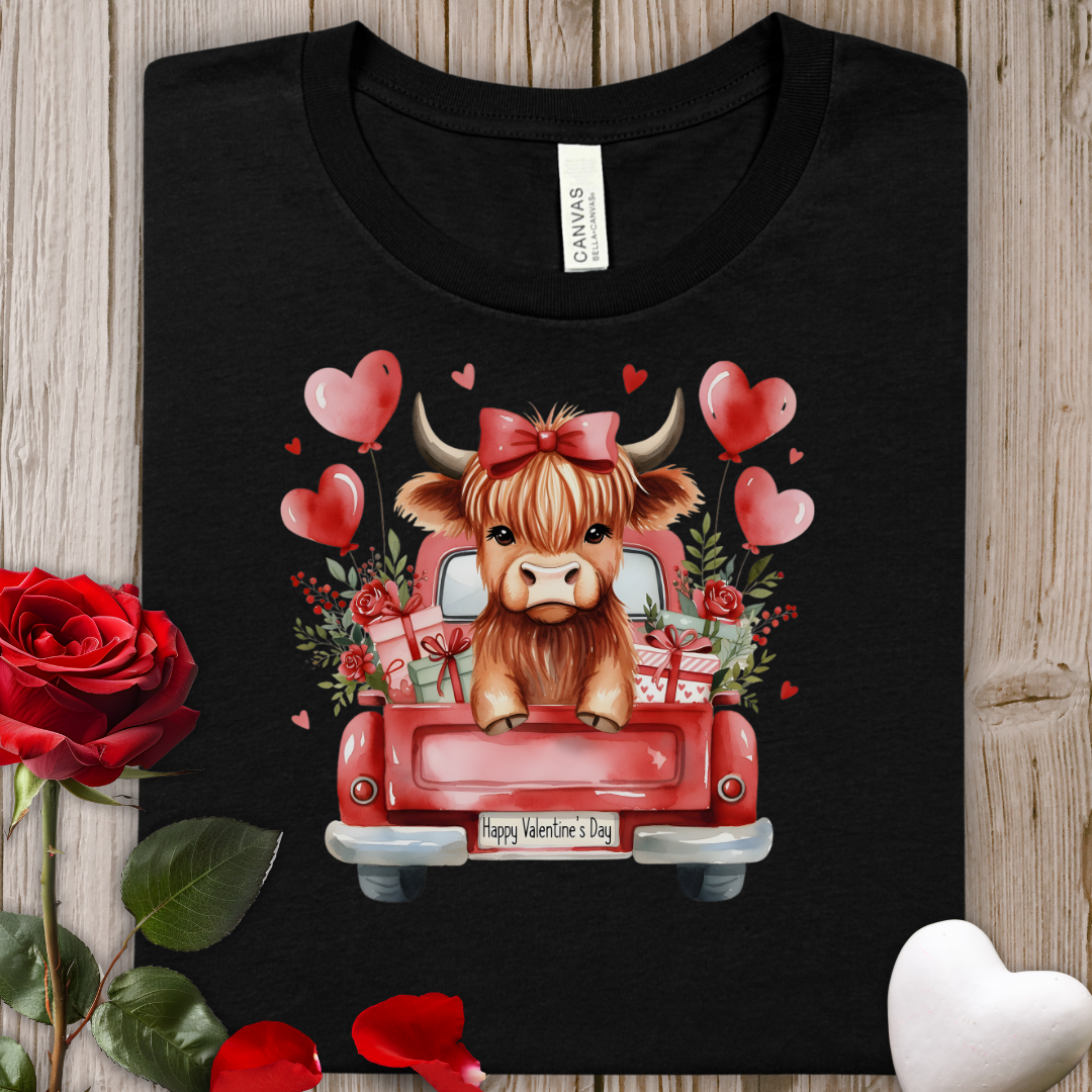 Valentine Highland Cow Tee — Cute Red Truck Hearts Shirt
