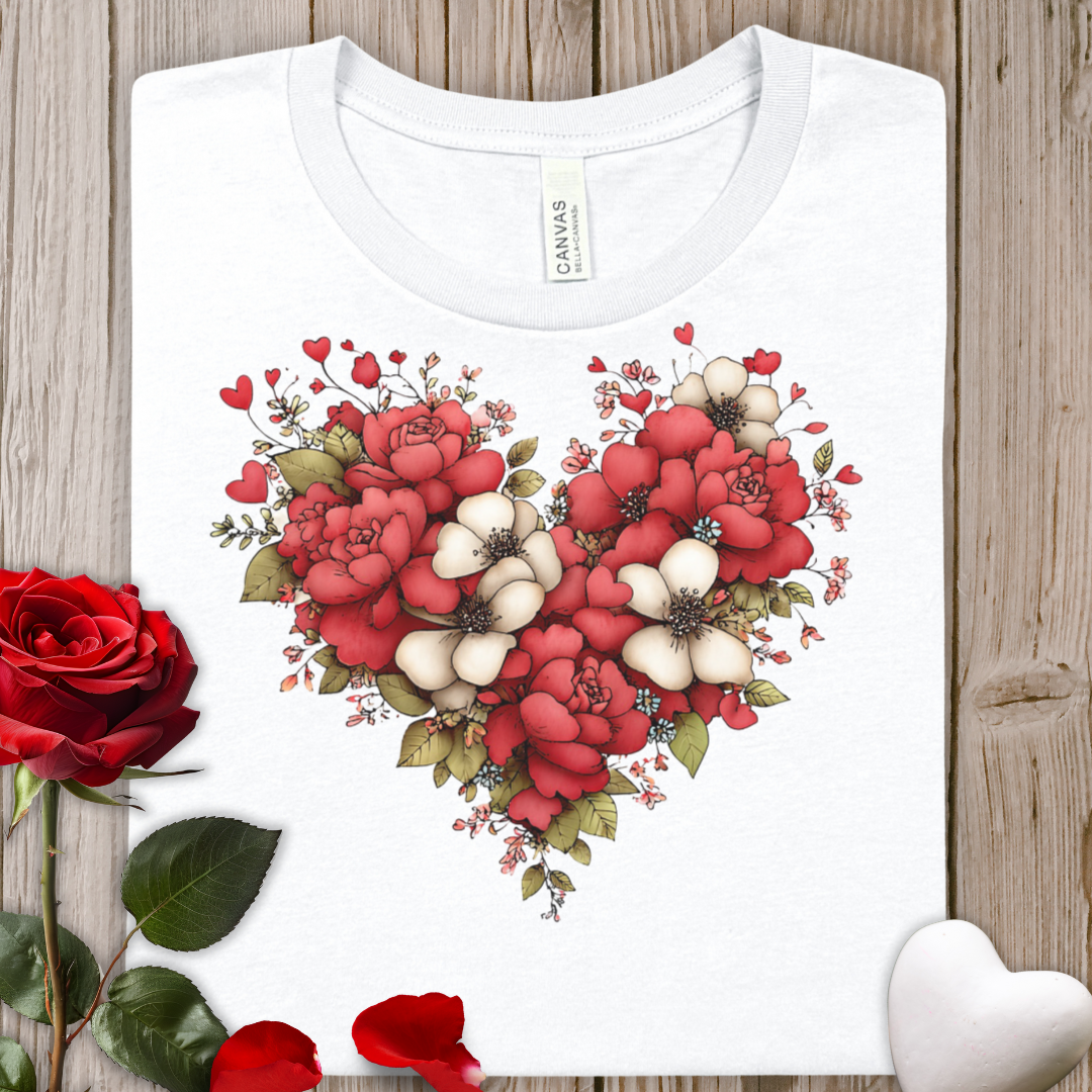Floral Heart T-Shirt — Red Rose & White Blossom Valentine Tee