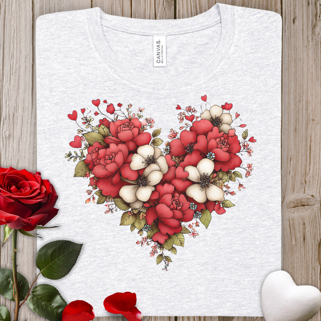 Floral Heart T-Shirt — Red Rose & White Blossom Valentine Tee