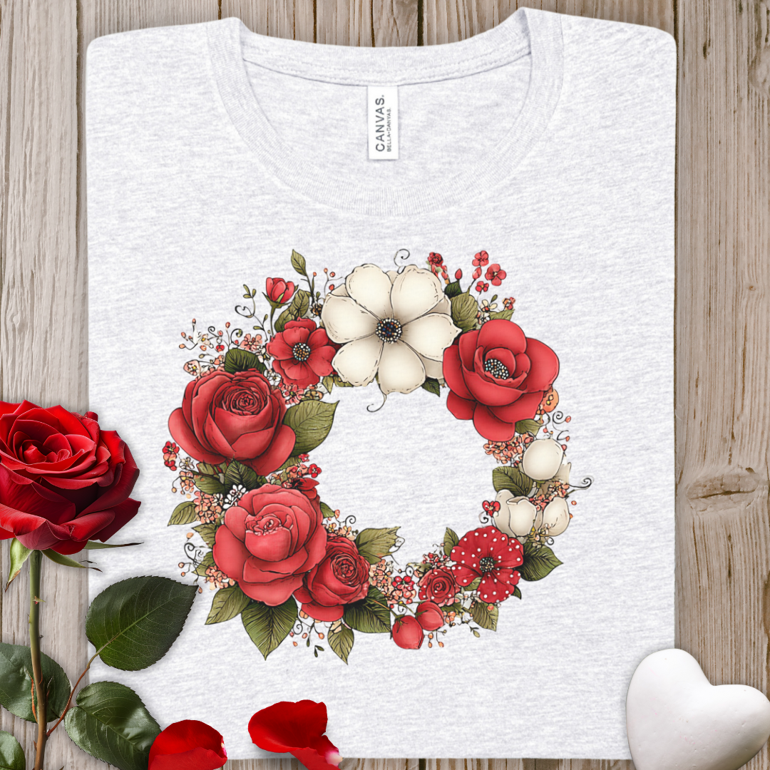 Floral Wreath Tee — Red Rose & Cotton Blossom Graphic Shirt