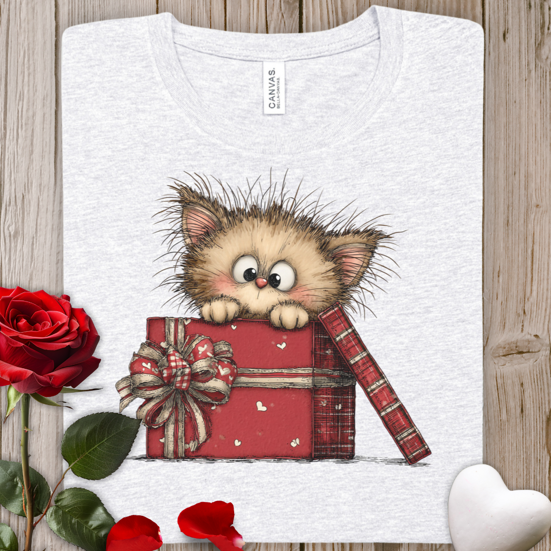 Cute Kitty in Gift Box T-Shirt — Valentine's Cat Present Tee