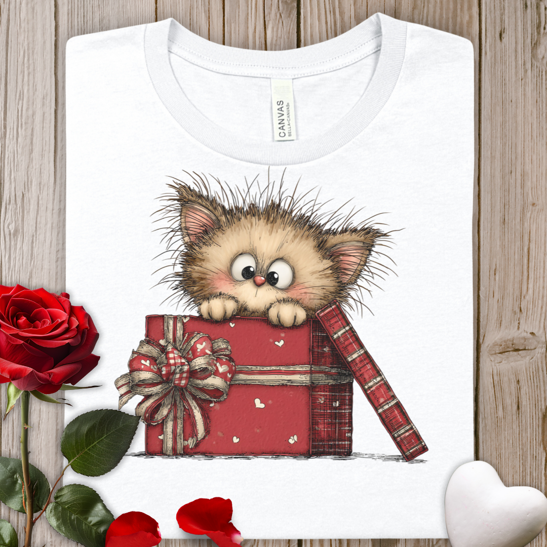 Cute Kitty in Gift Box T-Shirt — Valentine's Cat Present Tee