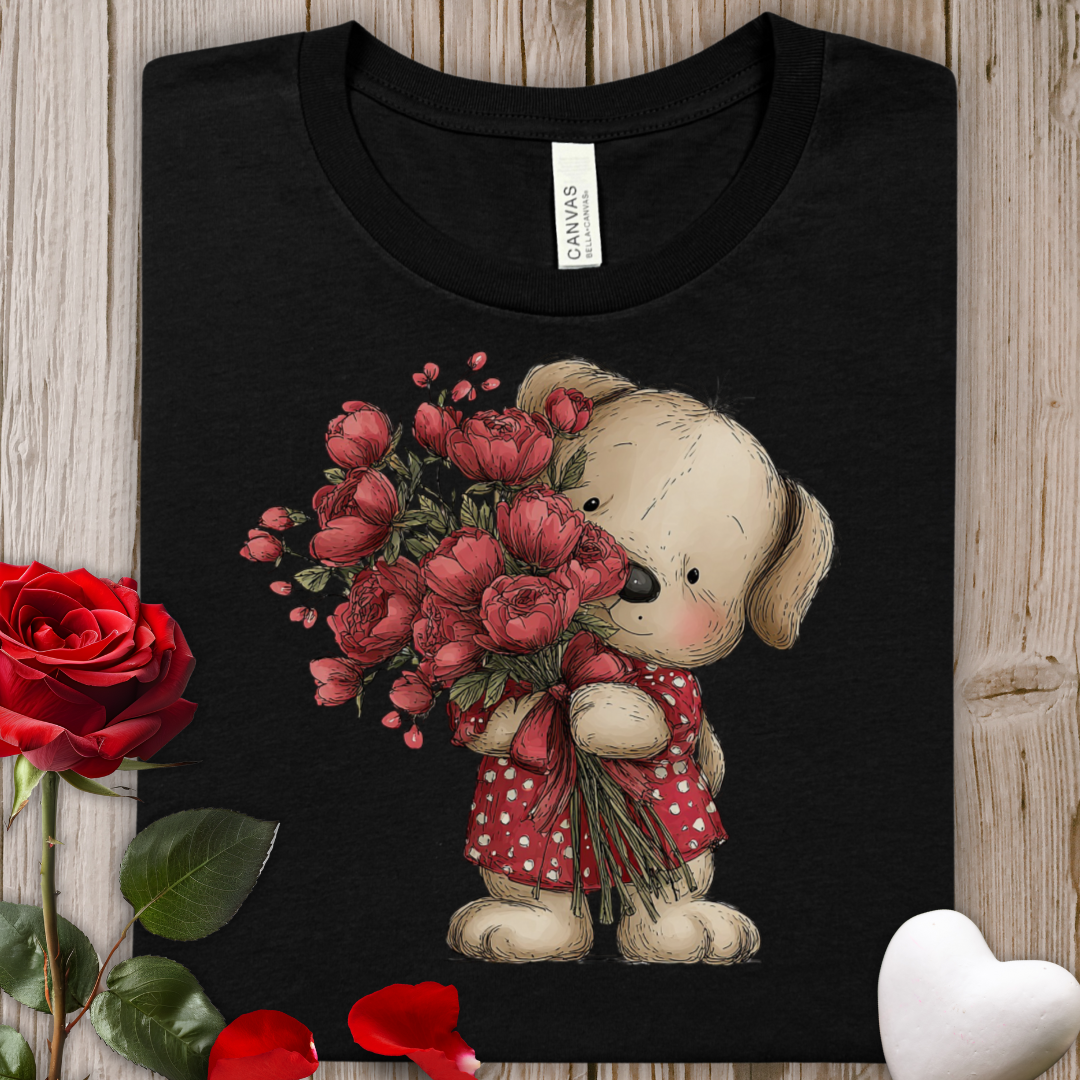 Cute Puppy Valentine's Bouquet Tee — Adorable Dog Holding Red Flowers Graphic T-Shirt