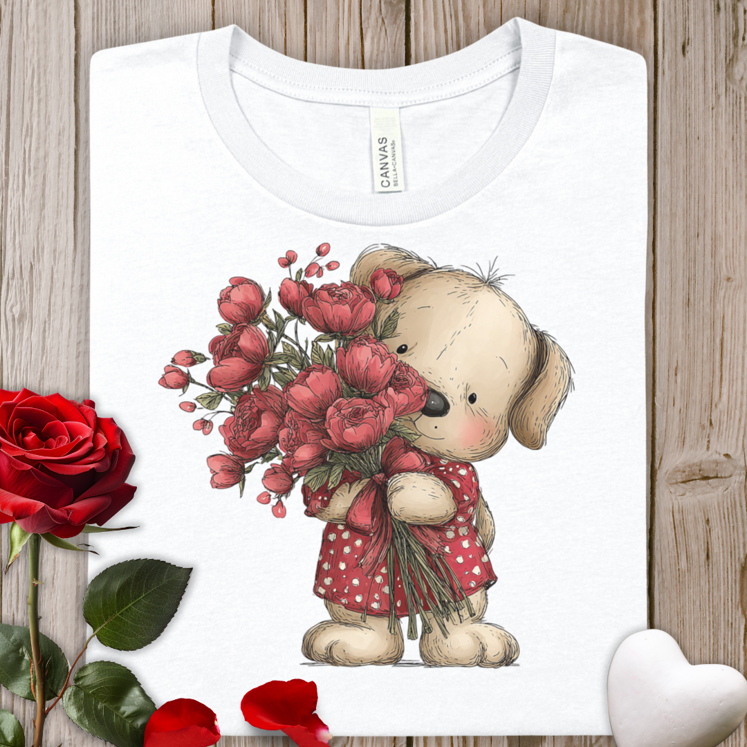Cute Puppy Valentine's Bouquet Tee — Adorable Dog Holding Red Flowers Graphic T-Shirt