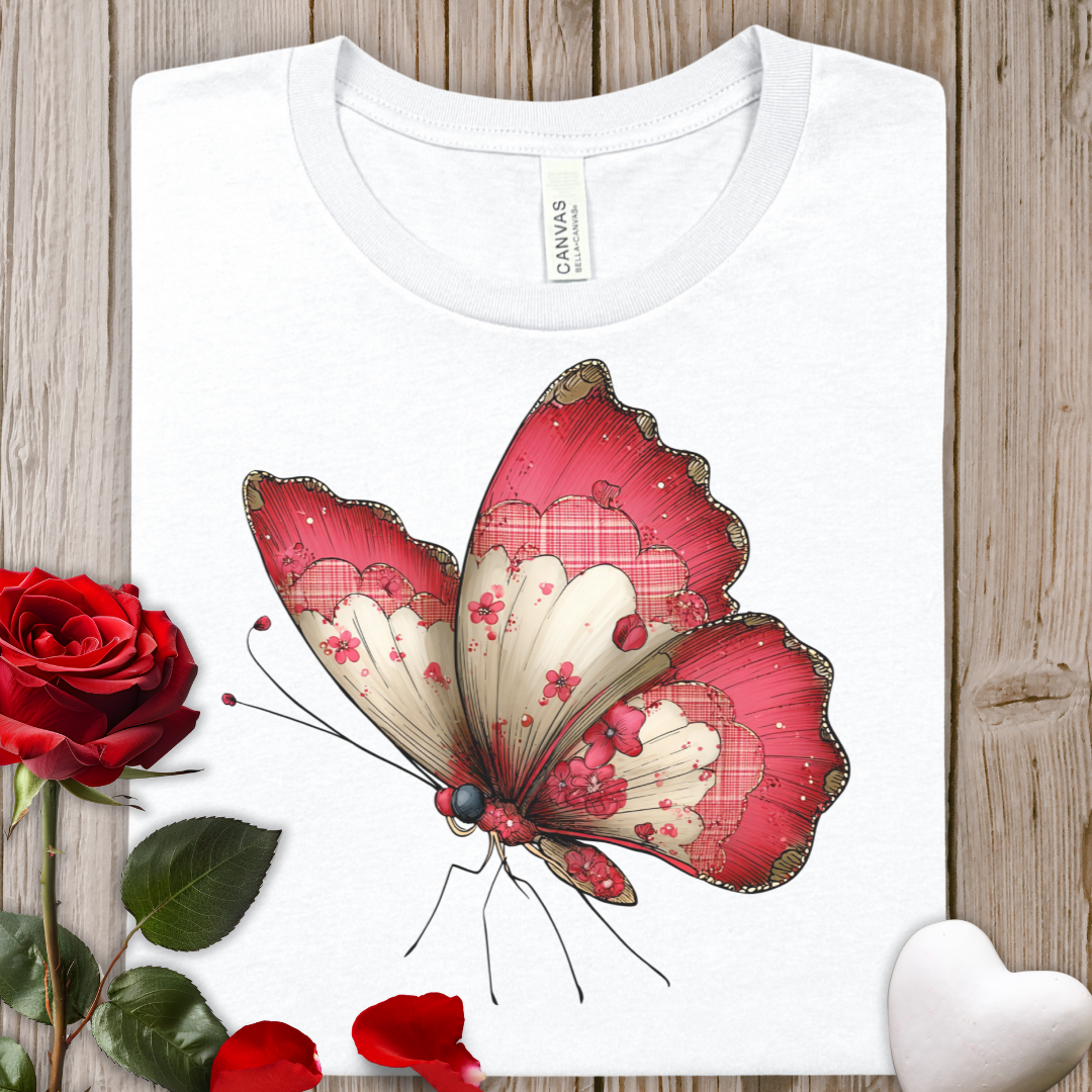 Red Watercolor Butterfly Tee — Floral Butterfly Graphic Valentine T-Shirt