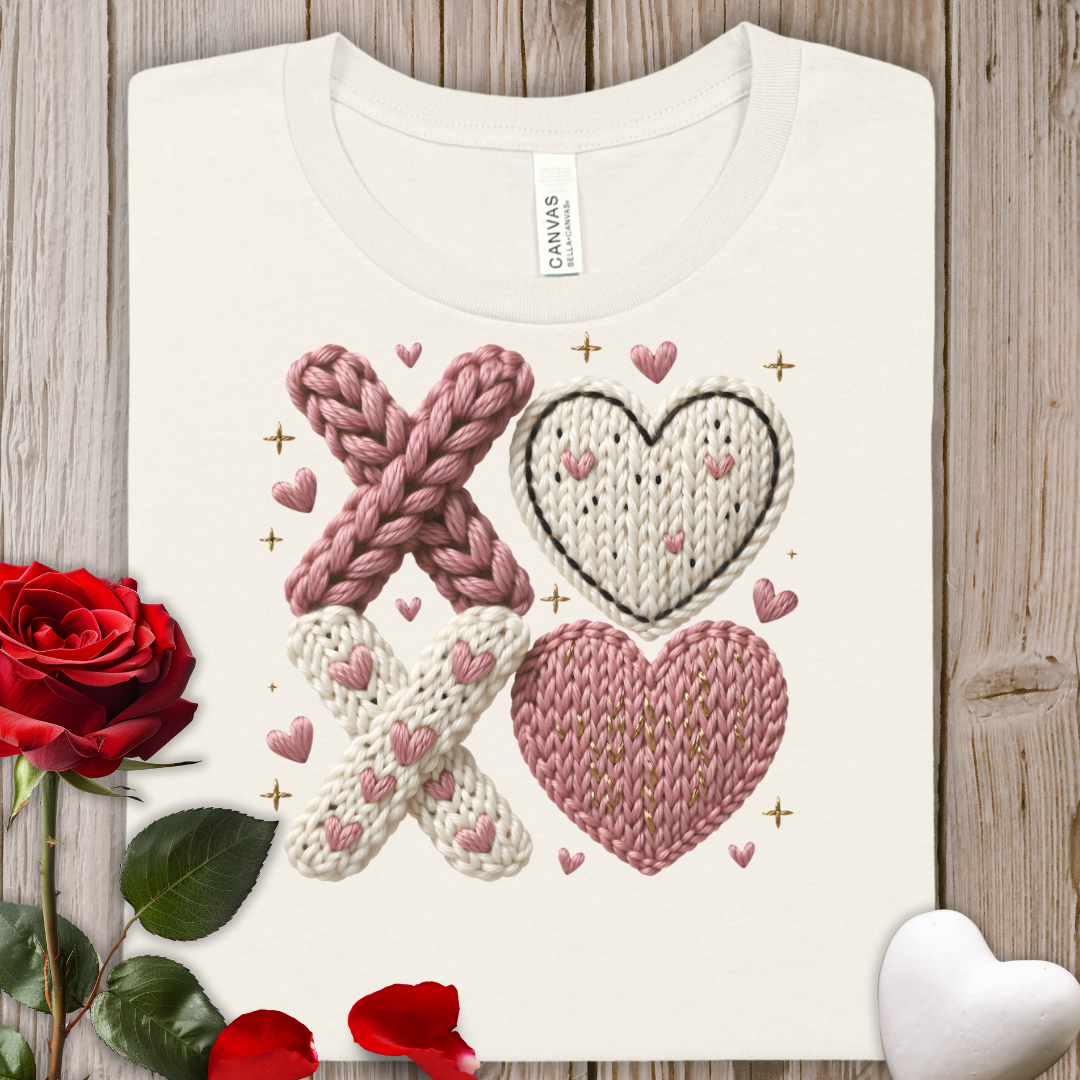FAUX Crochet XOXO Hearts Tee - Valentine's Cozy Knit Heart T-Shirt