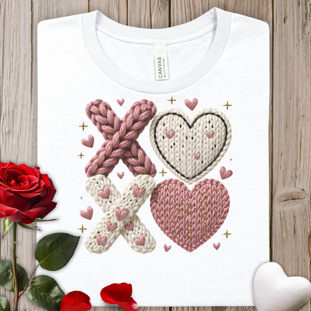 FAUX Crochet XOXO Hearts Tee - Valentine's Cozy Knit Heart T-Shirt