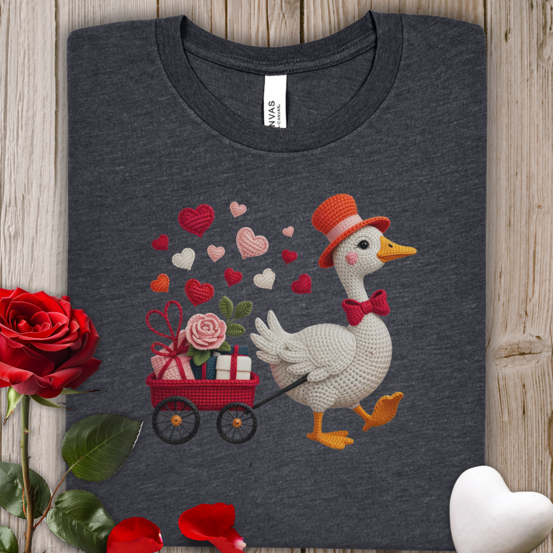 Valentine Faux Knit Goose T‑Shirt — Cute Goose Pulling Heart Wagon Tee