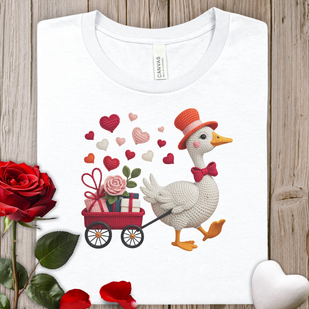 Valentine Faux Knit Goose T‑Shirt — Cute Goose Pulling Heart Wagon Tee