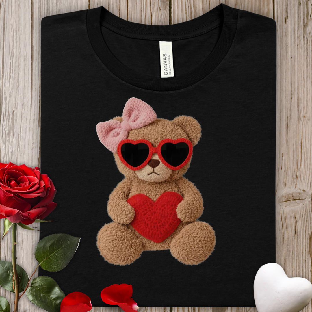 Valentine Teddy Printed T-Shirt – Cute Bear with Heart & Heart-Shaped Sunglasses