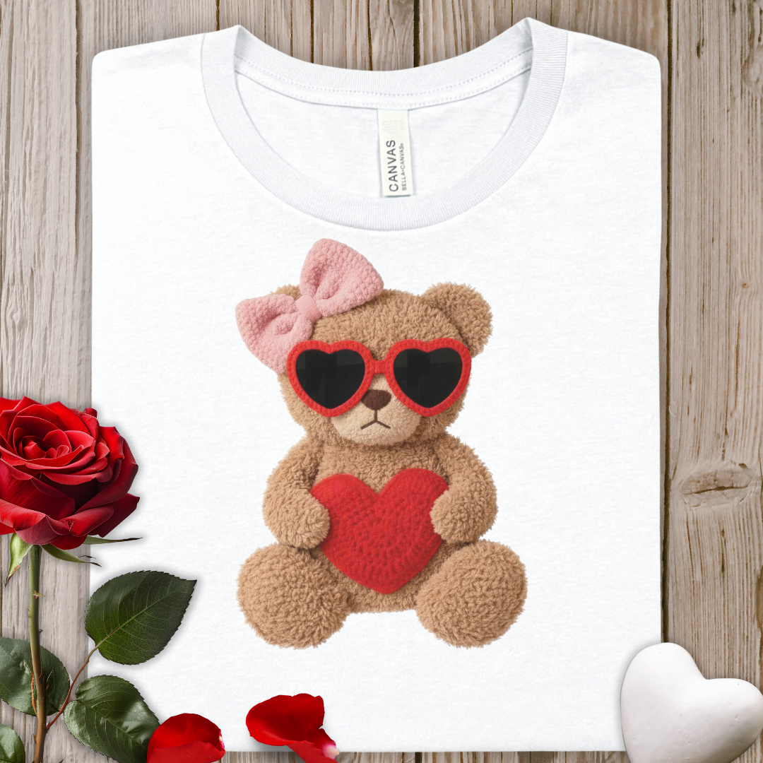 Valentine Teddy Printed T-Shirt – Cute Bear with Heart & Heart-Shaped Sunglasses