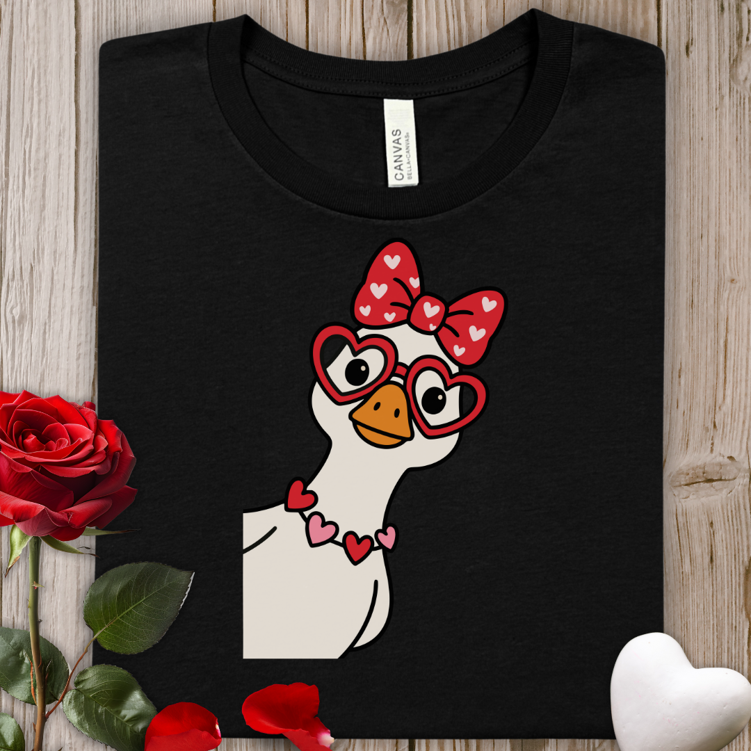 Valentine Goose Tee — Cute Goose with Heart Glasses & Bow Shirt