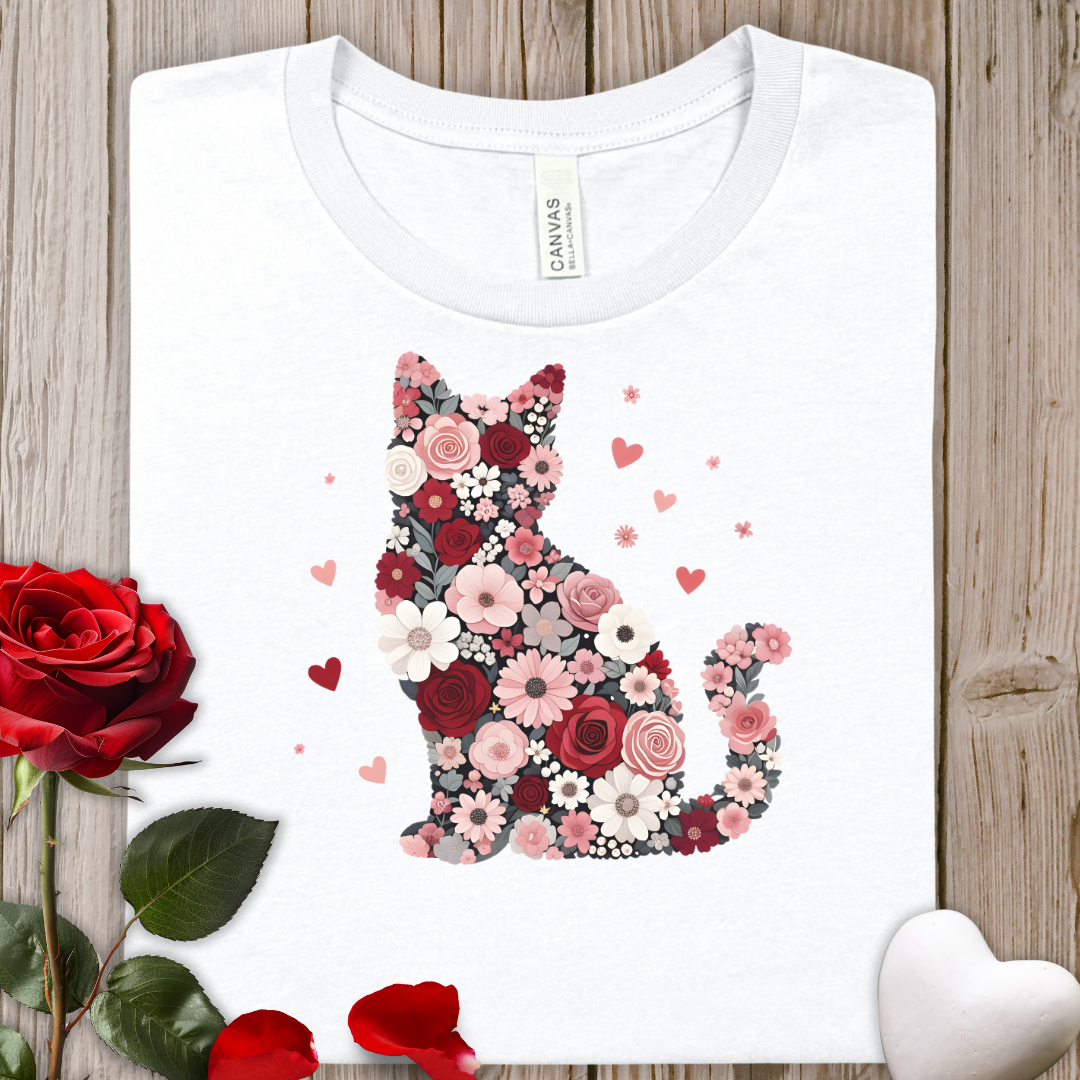 Floral Cat Valentine Tee — Pink Heart Bouquet Cat T‑Shirt