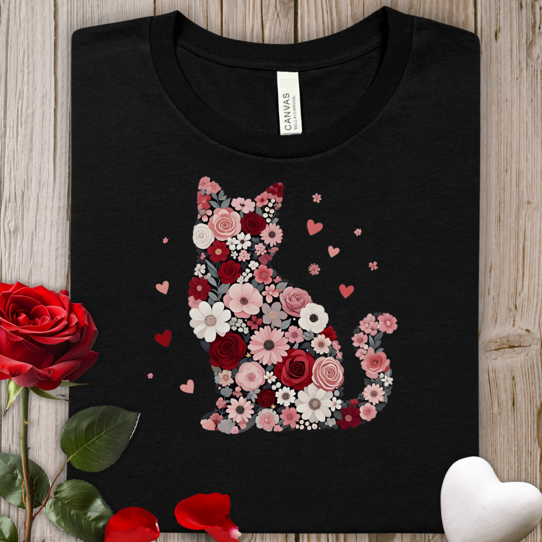 Floral Cat Valentine Tee — Pink Heart Bouquet Cat T‑Shirt