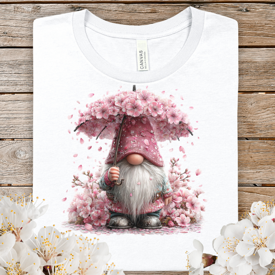 Spring Gnome Tee — Pink Floral Umbrella Cute Garden Gnome T-Shirt