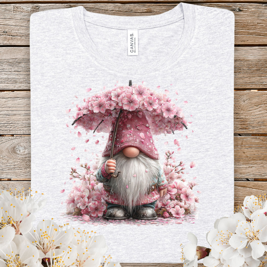 Spring Gnome Tee — Pink Floral Umbrella Cute Garden Gnome T-Shirt